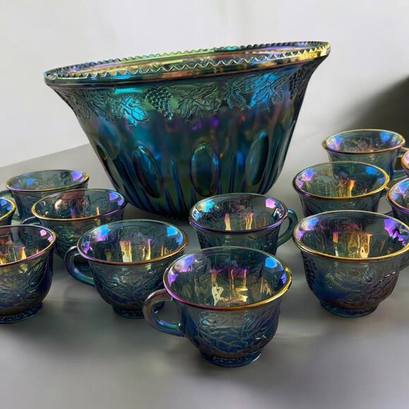 VINTAGE INDIANA GLASS IRIDESCENT BLUE HARVEST CARNIVAL GLASS PUNCH BOWL SET - Picture 2 of 11